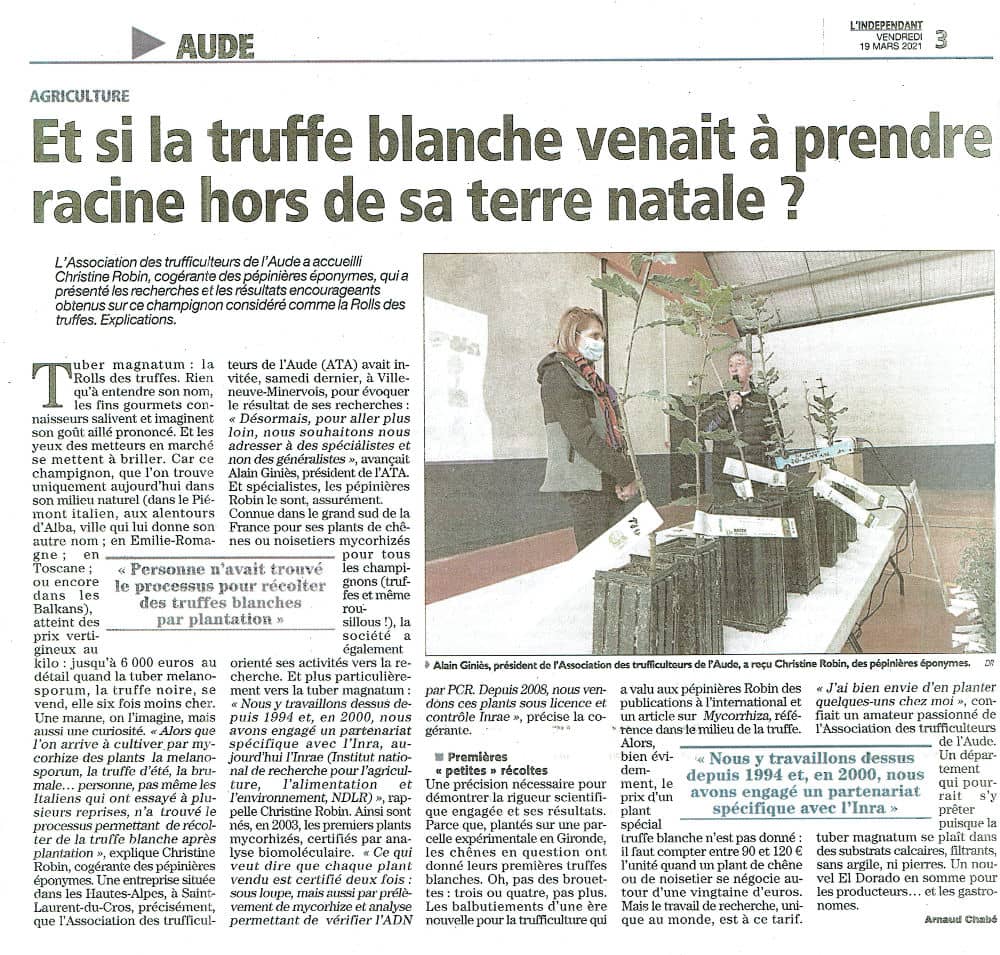 Article du journal l'Indépendant, publié le 18/03/2021